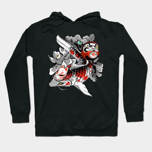 Koi and Daruma Prosperity Hoodie by Heymoonly